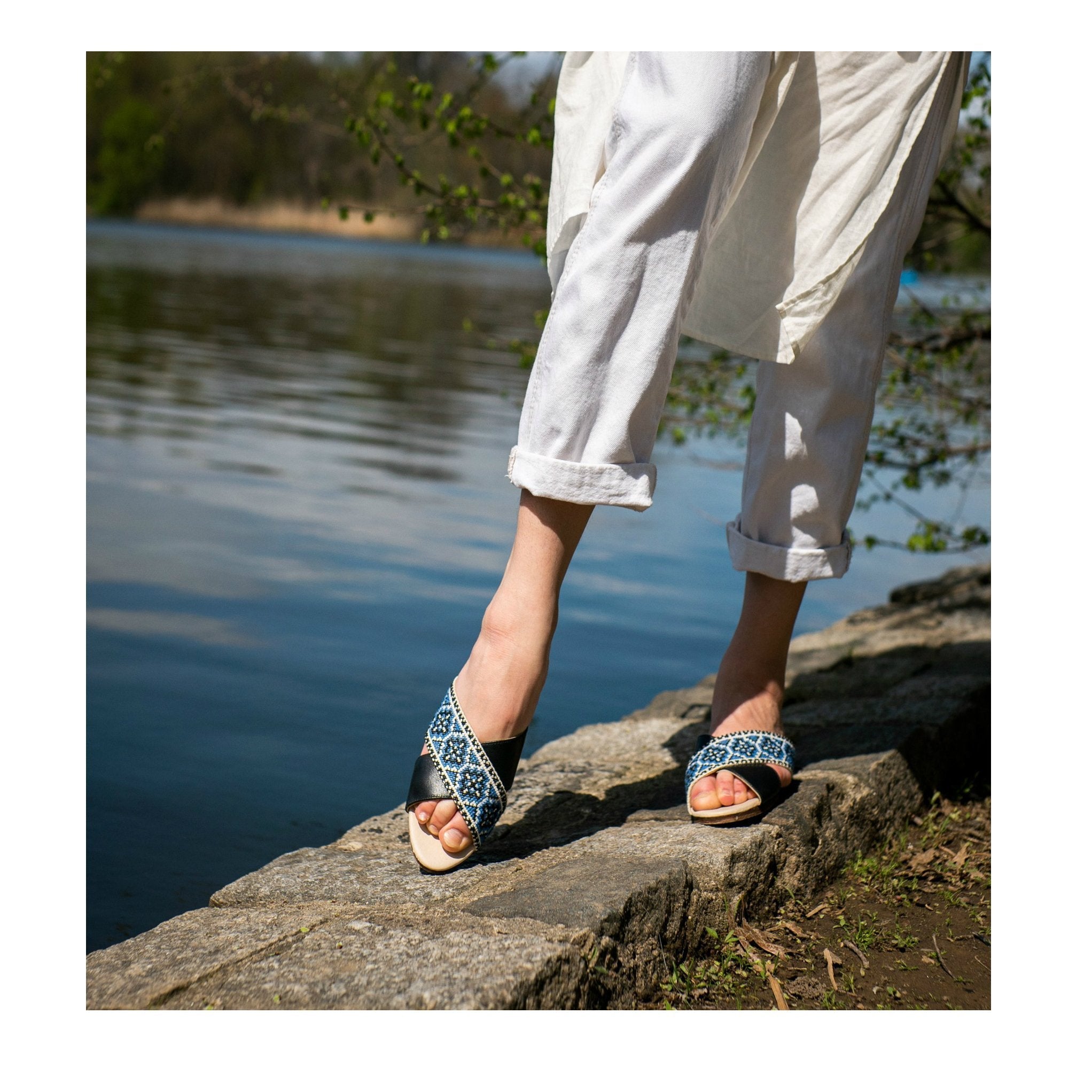 The Tatreez Cross Sandal in BlueCategory_Women Shoes from Darzah - SHOPELEOS