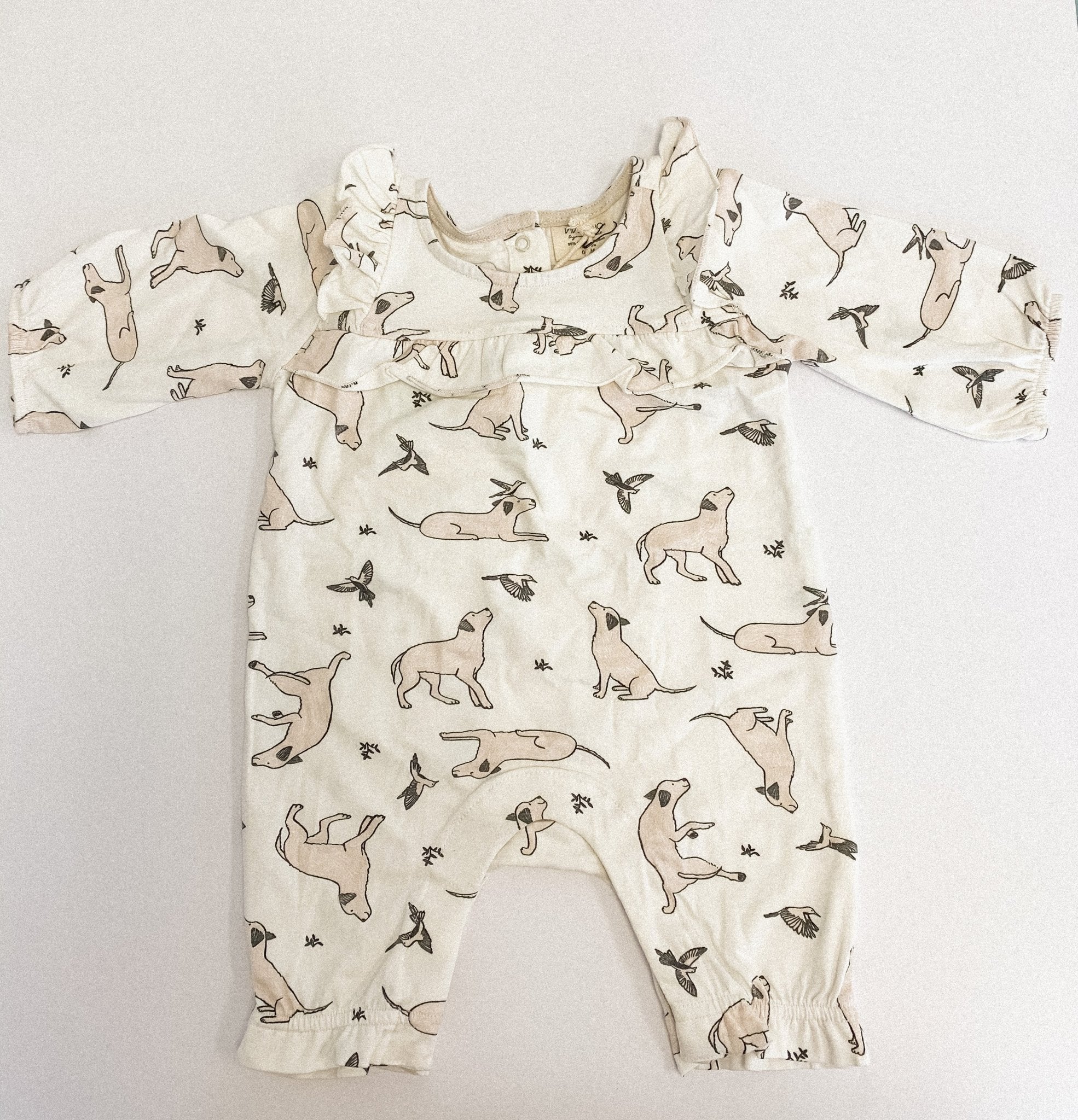 Dog Print Ruffle Coverall Romper (organic cotton)category_Kids from lu & ken co - SHOPELEOS